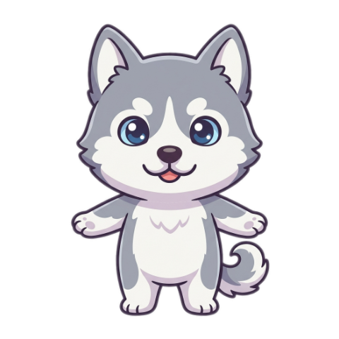 Husky, a grey and white puppy, waving hello